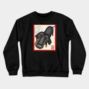 Funny dachshund looking  innocently on red trim stamp Crewneck Sweatshirt